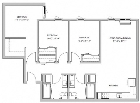 Floor plan for 3 beds, 2 baths, 1149 sqft